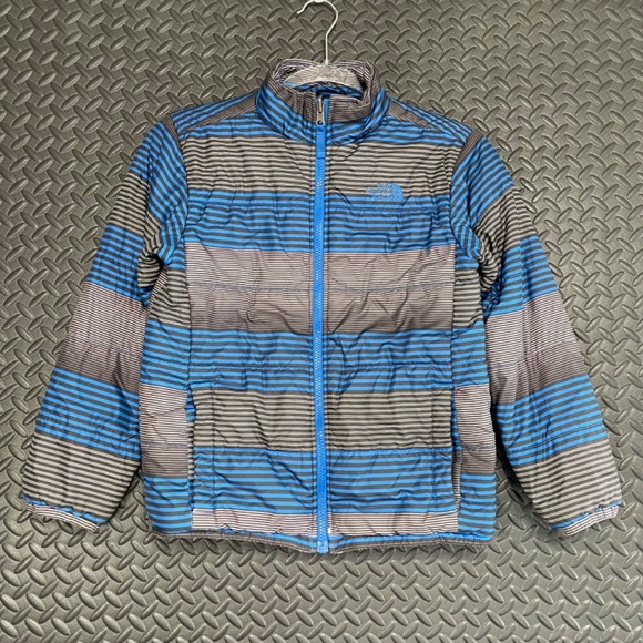 The North Face Blue Gray‎ Striped Puffer Winter Jacket Coat Boys Size Medium - Picture 1 of 10